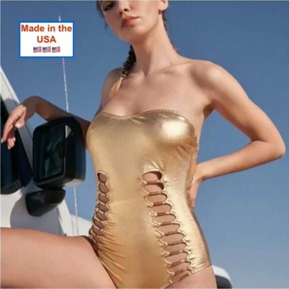 Metallic Gold Strapless with Front Detail One-Piece Swimsuit Sz S - Picture 1 of 6